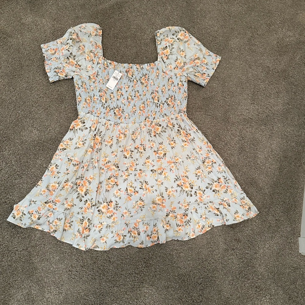 American Eagle Outfitters Orange and Blue Puff Sleeve Mini Dress